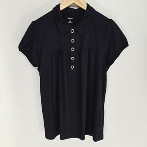 Style & Co Polo Shirt Women L Black Grommet Henley Puff Sleeve Top Fairygoth y2k
